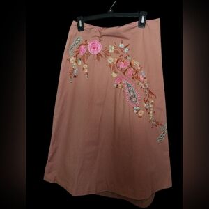 Odille x Anthropologie Pink A line skirt with floral & paisley embroidery sz 8